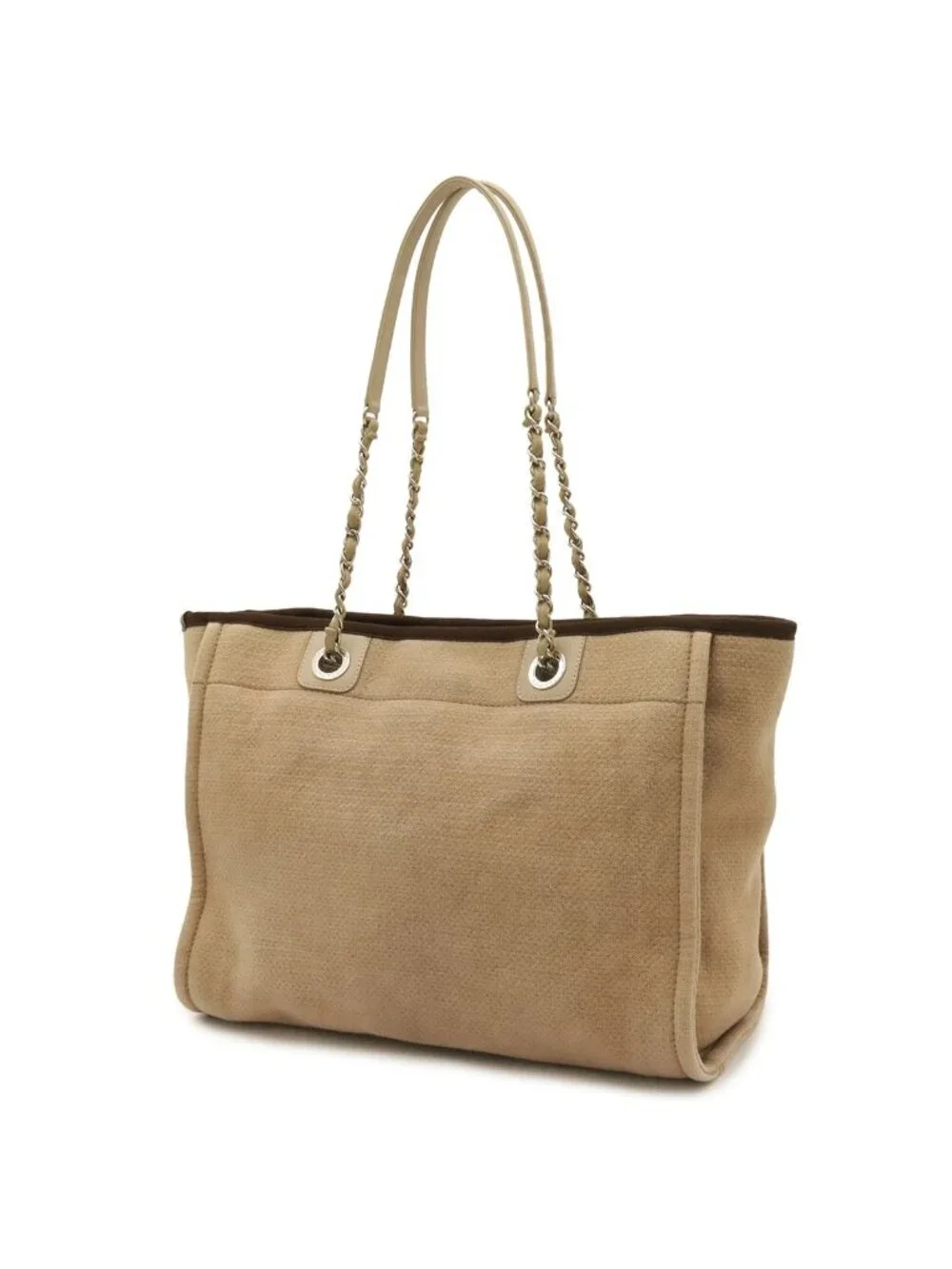 Chanel Deauville Line Tote MM Medium Chain Shoulder Bag Beige Brown Silver